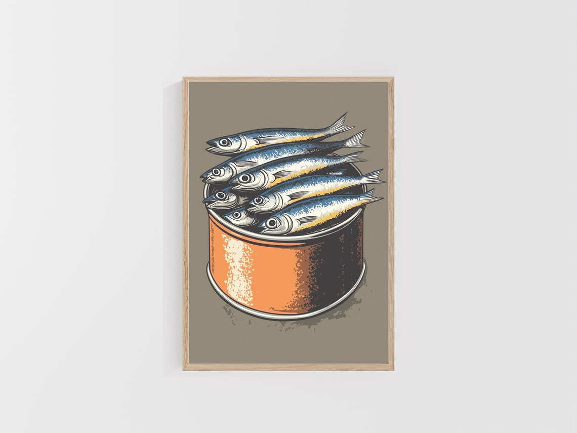 Vintage Round Orange Tin Of Sardines Retro Kitchen Art Poster - Image 6