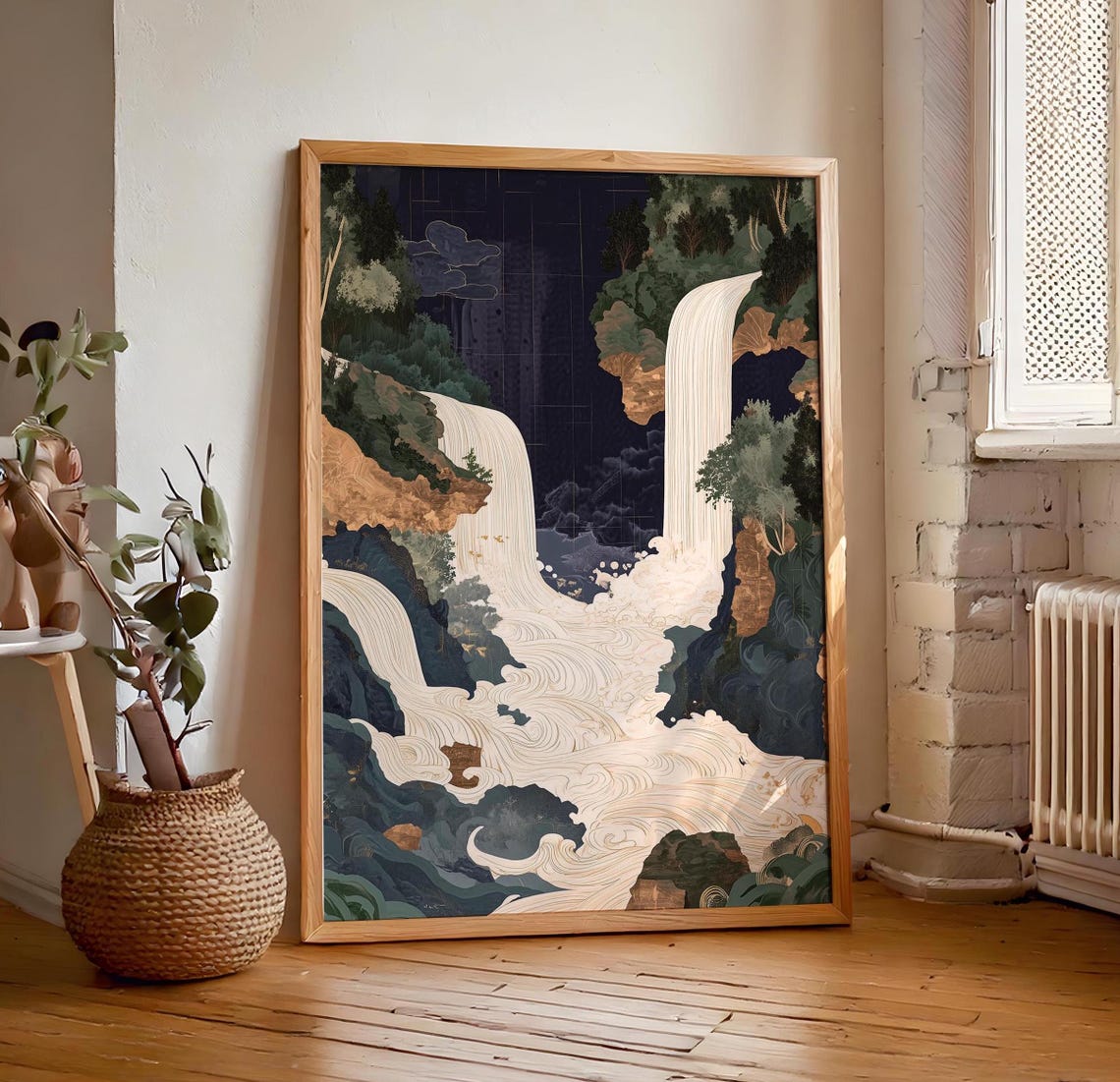 Japanese Ikigai Ukiyo E Print Waterfall Painting Poster Masculine Wall Hanging Art Traditional Japanese Artwork