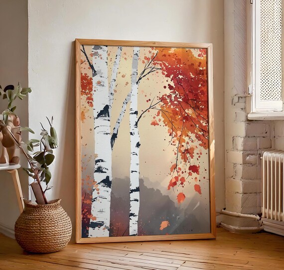 Birch Tree Painting Nature Inspired Wall Art Print Japandi Style White Birch Tree Art Dopamine Decor Bedroom Living Dining Room