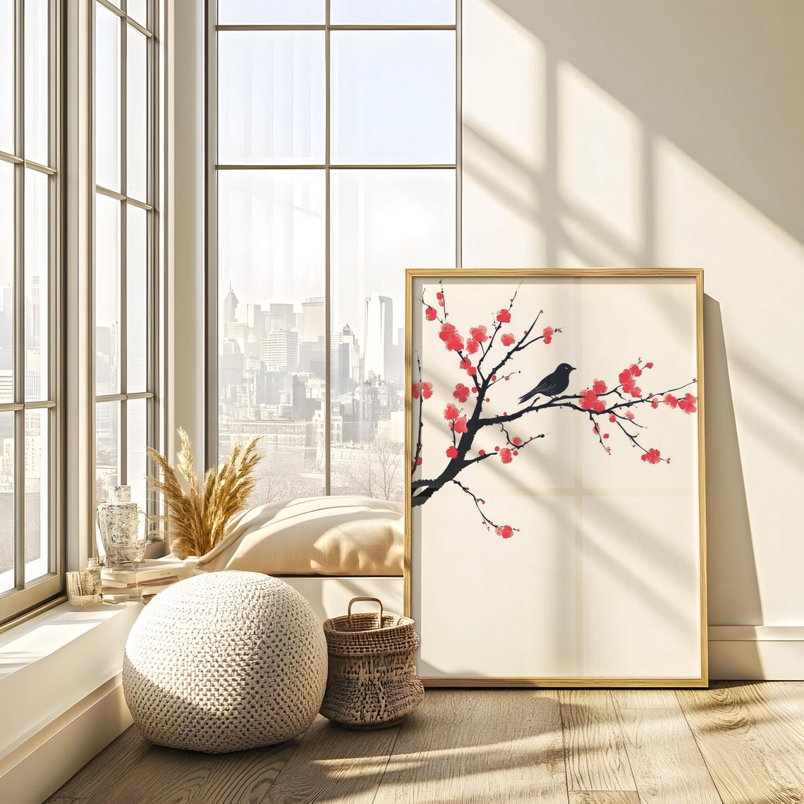 Lone Black Bird Ink Painting Resting On Red Blossom Branch Poster - Image 4