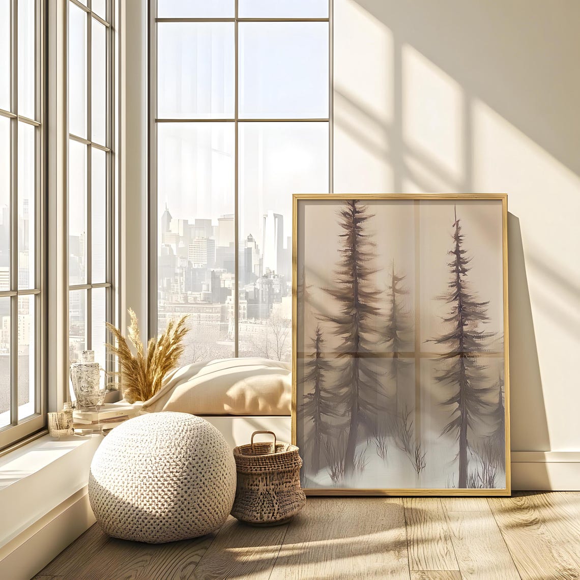 Winter Pine Trees Standing Tall in Soft Snowfall Painting Poster - Image 2