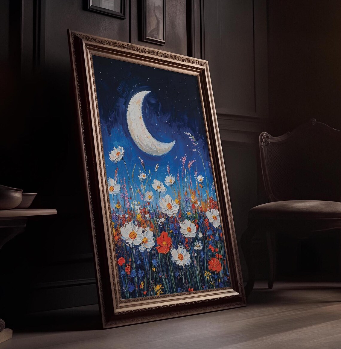 Crescent Moon Over Wildflower Meadow Night Oil Painting Poster - Image 7