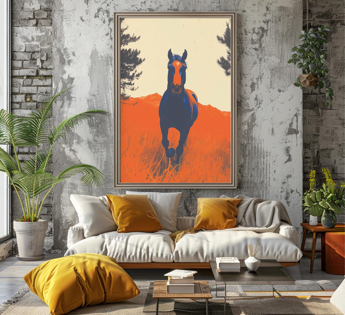 Bronco Horse Charging Through Orange Fields Blue Duotone Art Poster - Image 6