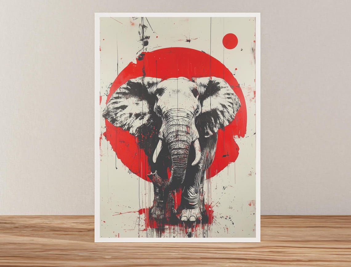 Elephant Before Giant Red Sun Trash Polka Style Ink Art Poster