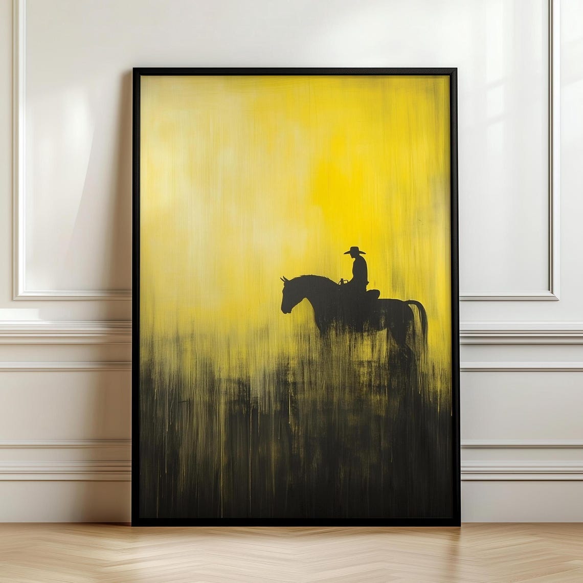 Cowboy on Horseback Silhouette Riding Through Golden Haze Poster