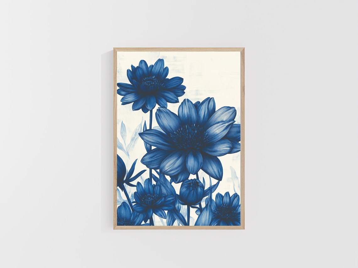 Blue Ink Watercolor Flower Blooms on White Botanical Art Poster - Image 4
