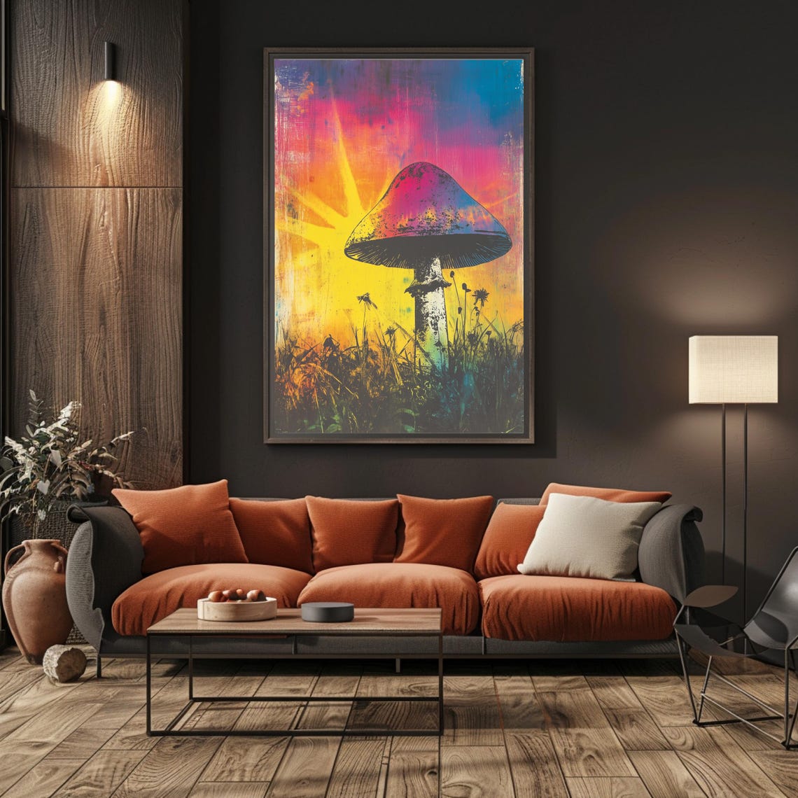 Mushroom Silhouette Against Rainbow Sunrise Psychedelic Art Poster - Image 6