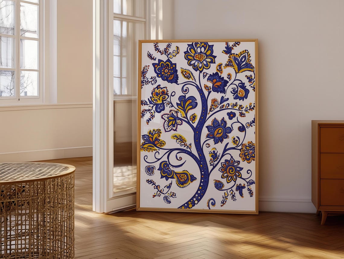 Deep Violet Blue Ukrainian Folk Tree Paisley Flowers White Poster - Image 6