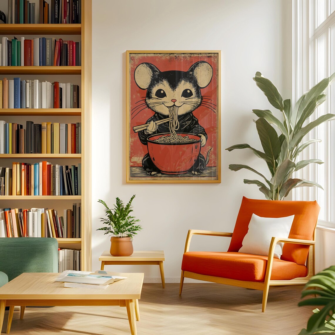 Mouse Eating Ramen Noodles, Japandi Minimalist Art Print - Image 3