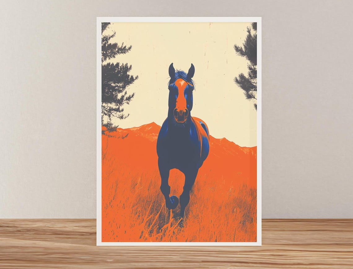 Bronco Horse Charging Through Orange Fields Blue Duotone Art Poster