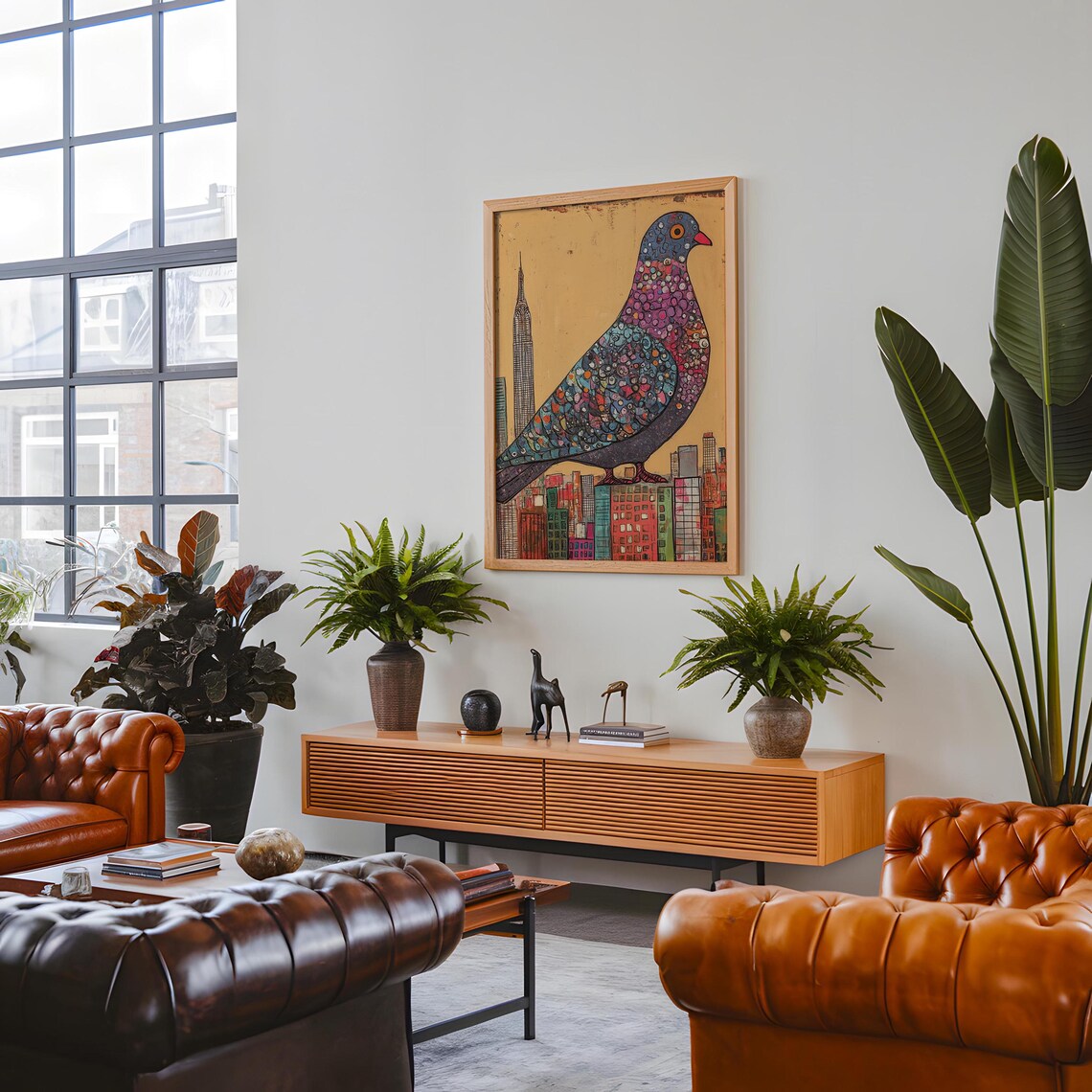 Mosaic Pigeon Above A Colorful City Skyline Landmark Art Poster - Image 6