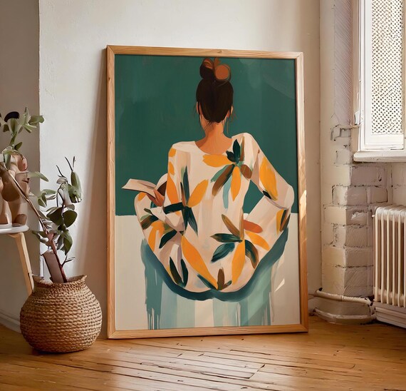 Woman With Bun Reading in Leafy Robe Back View Painterly Poster