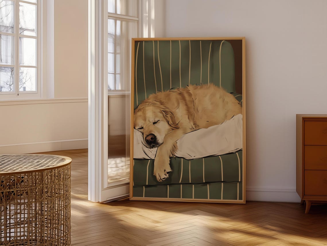 Golden Retriever Sleeping on Striped Green Chair Tender Dog Poster - Image 6