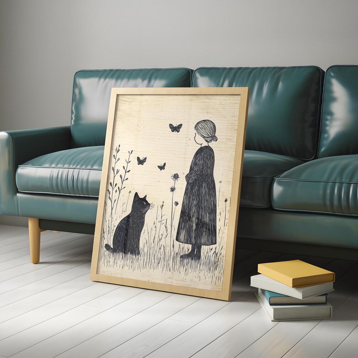 Girl And Black Cat Watching Butterflies Black Ink Whimsical Folk Art Illustration Poster - Image 4
