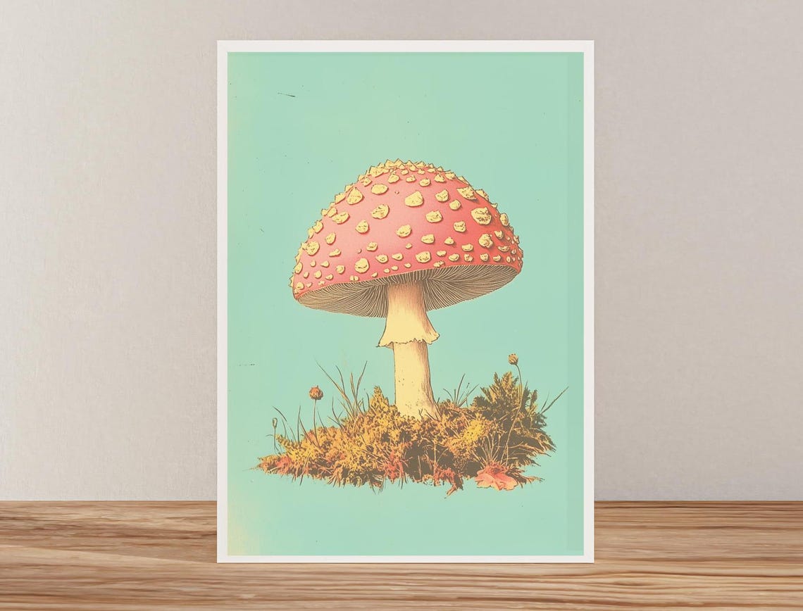 Pink Spotted Toadstool Mushroom On Mint Green Retro Art Poster