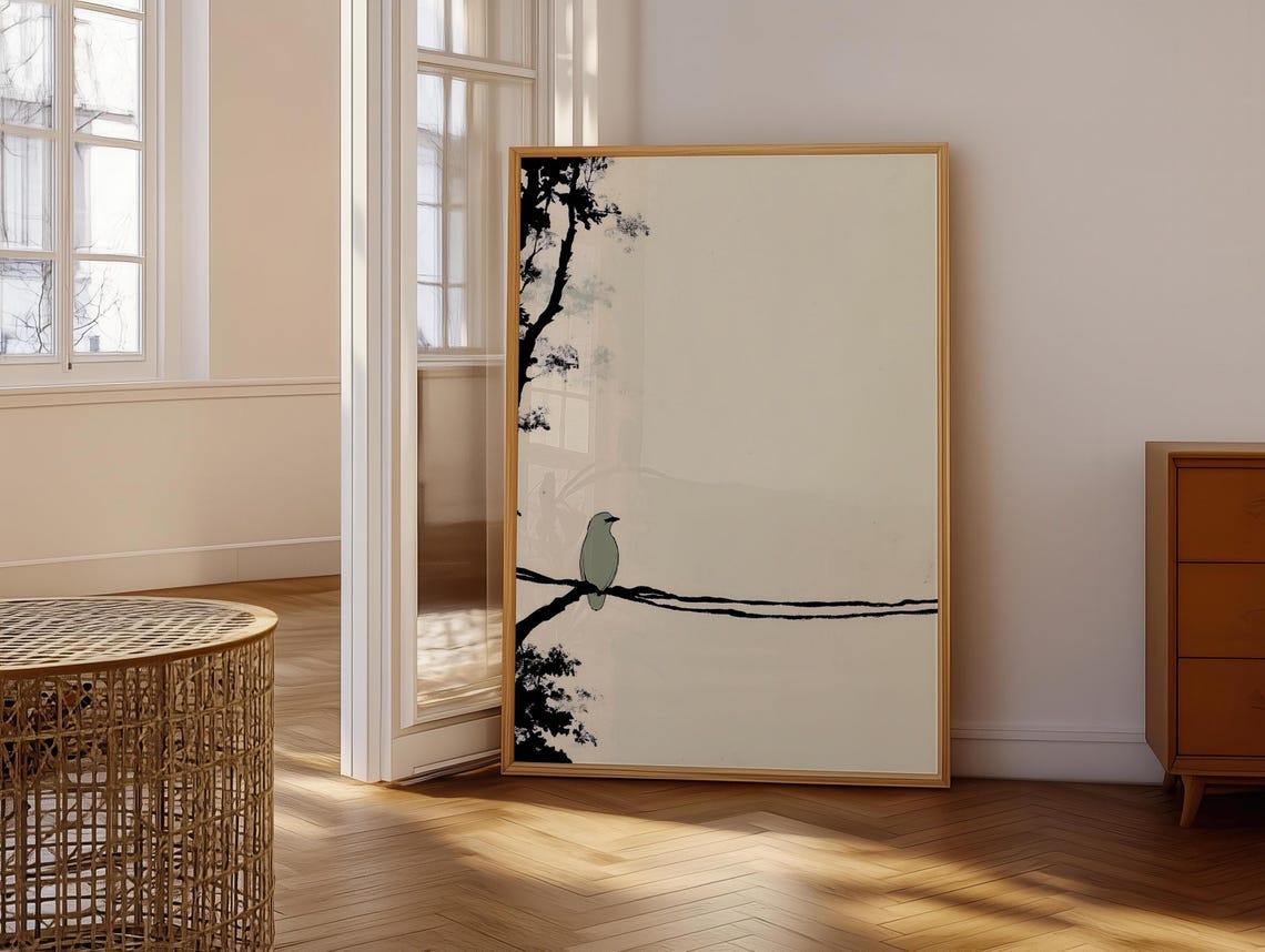 Sage Green Bird On Long Branch With Ink Tree Silhouette Poster - Image 6