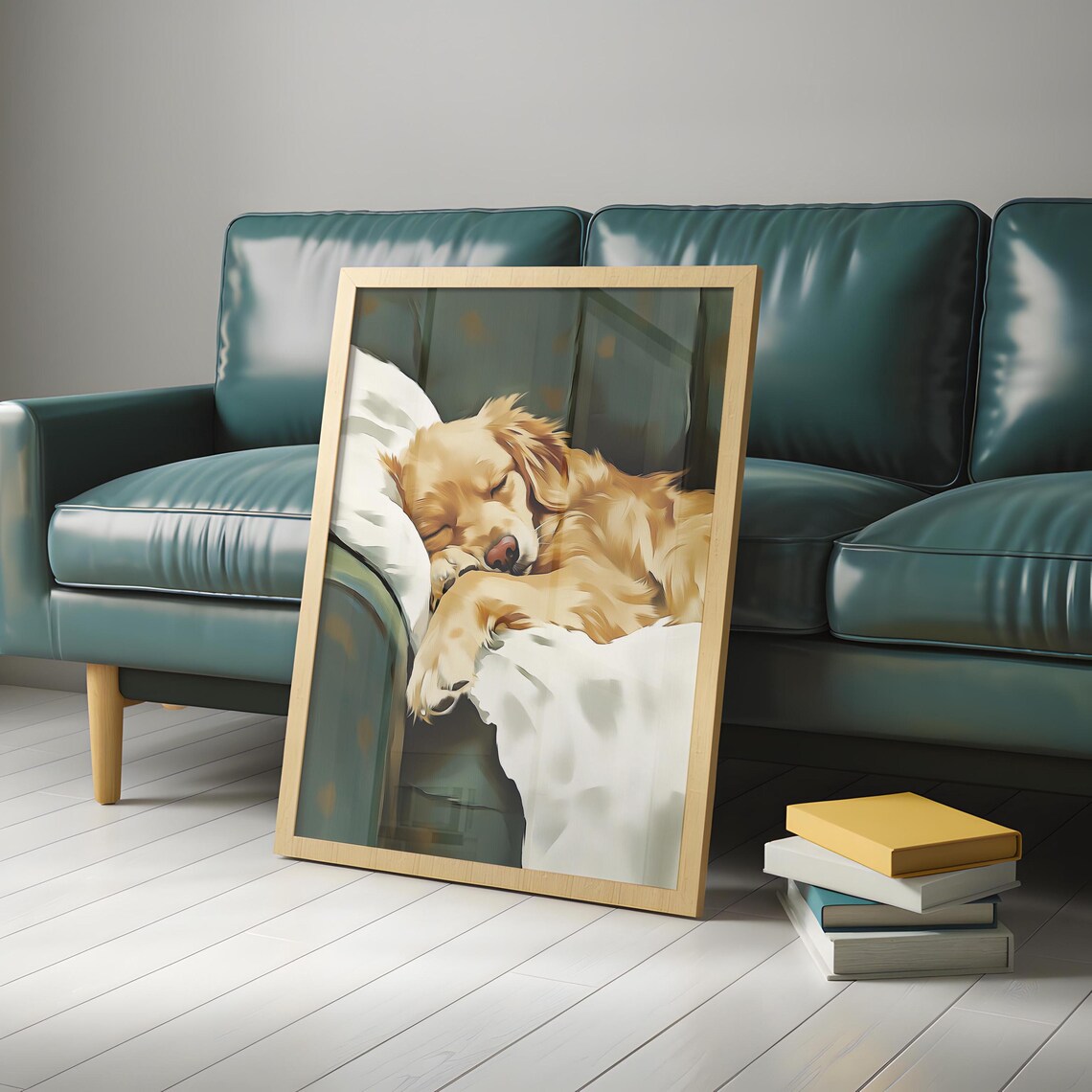 Golden Retriever Puppy Sleeping on Green Couch Soft Painting Poster - Image 4