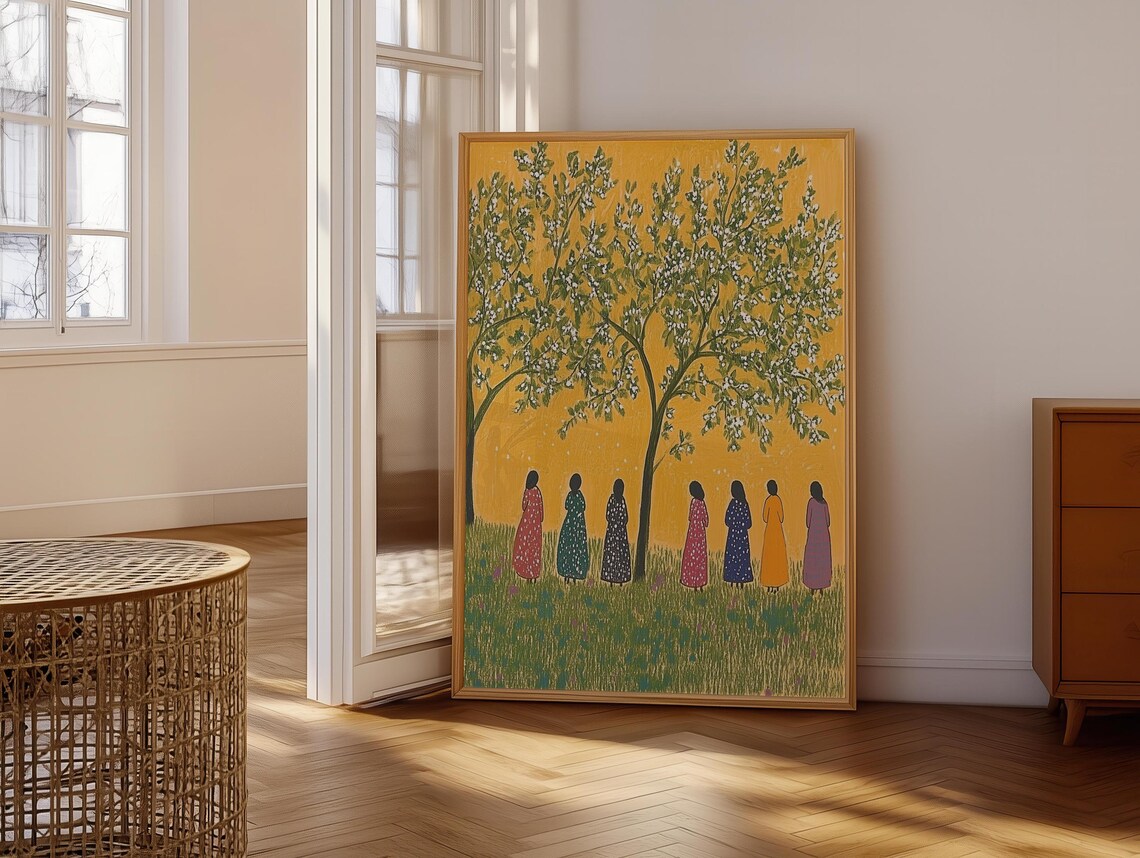 Seven Women Under Blossoming Tree Golden Yellow Folk Gathering Painting Art Poster - Image 6