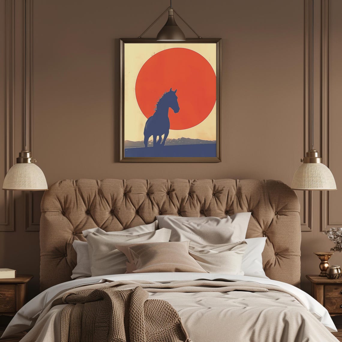 Horse Silhouette Against Giant Orange Sun at Dusk Wildlife Art Poster - Image 3