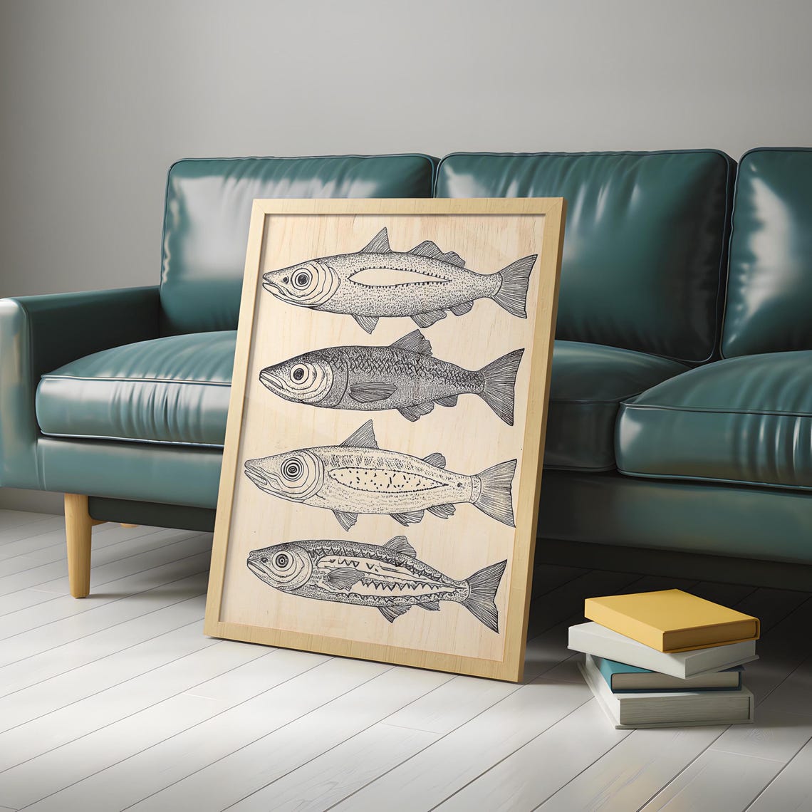 Woodcut Fish Print Wall Art Folk Art Inspired Prints Nautical Coastal Decor Neutral Boho Wall Hanging - Image 4