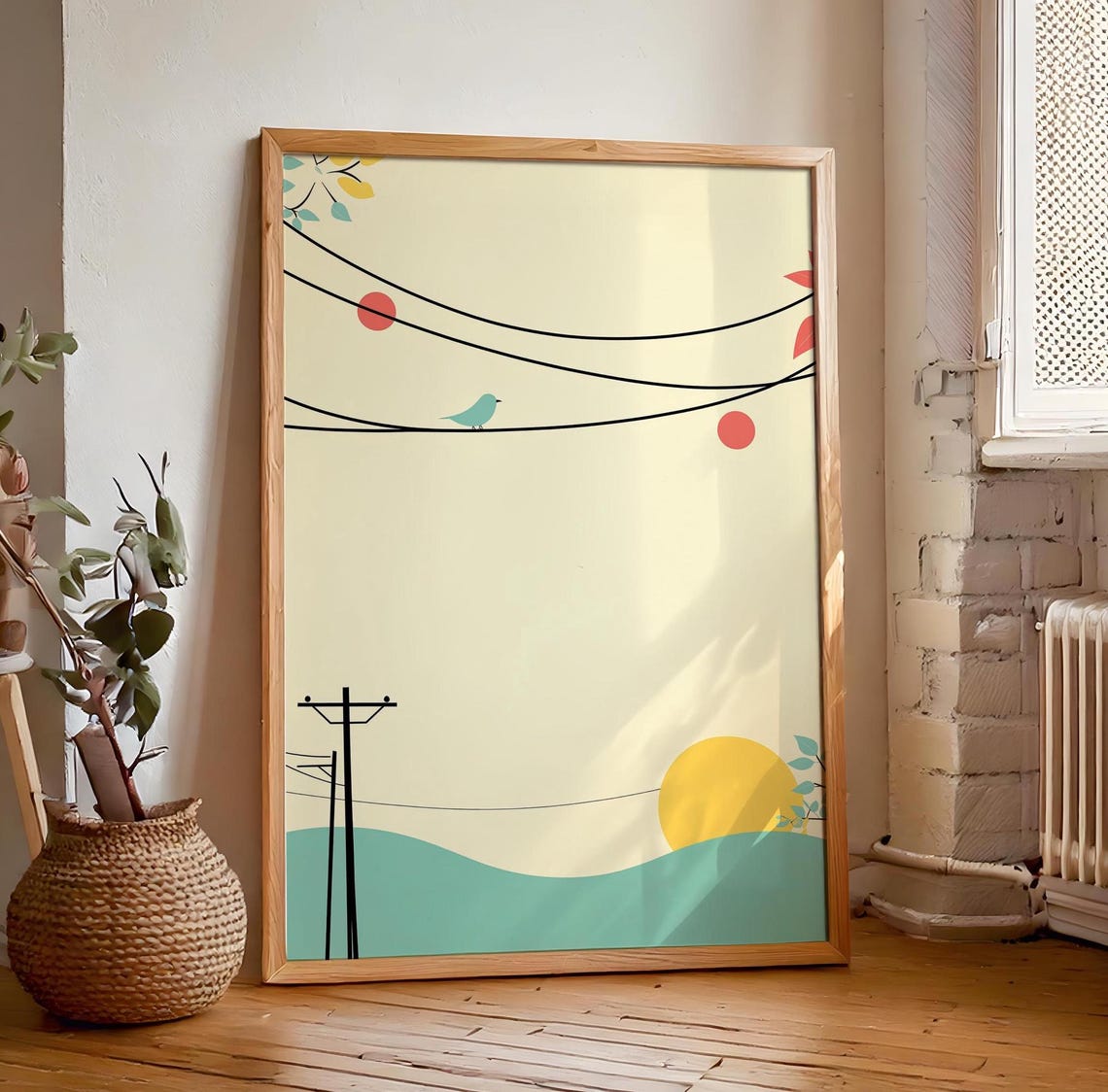 Minimalist Blue Bird On Telephone Wires At Sunset Art Poster