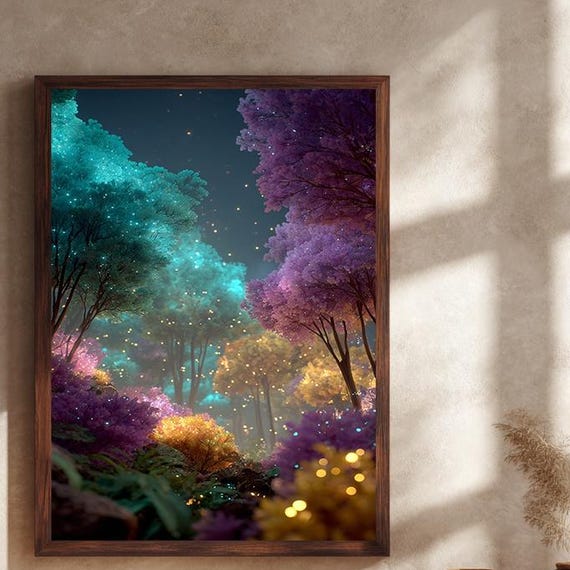 Glowing Fantasy Forest Canvas Wall Art Magical Pastel Tree Landscape Print Whimsical Enchanted Nature Artwork For Dreamy Decor