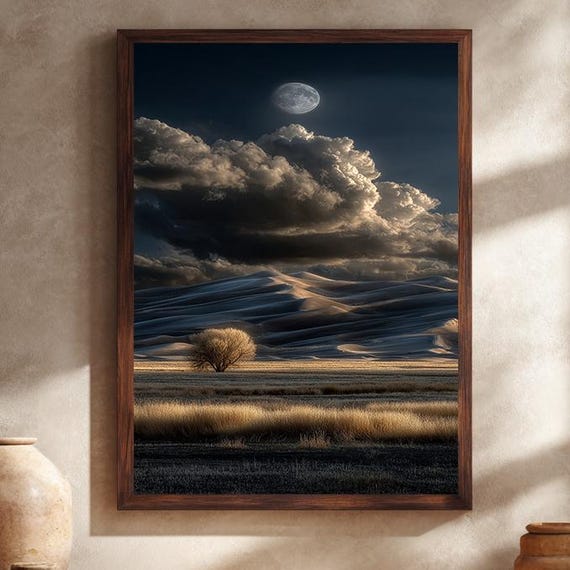 Moonlit Desert Landscape Wall Art With Dramatic Clouds And Lone Tree Mystical Night Nature Canvas Print For Earthy Home Decor