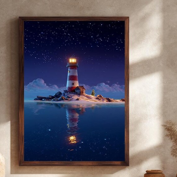 Coastal Lighthouse Canvas Wall Art Starry Night Nautical Painting Ocean Sea Landscape Home Decor For Living Room Or Office