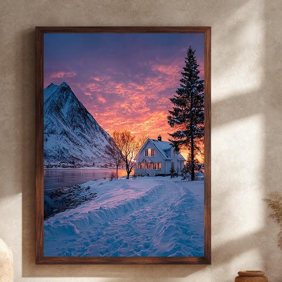 Winter Cabin Sunset Canvas Wall Art Snowy Mountain Landscape With Cozy Home And Pink Sky Print Scandinavian Decor