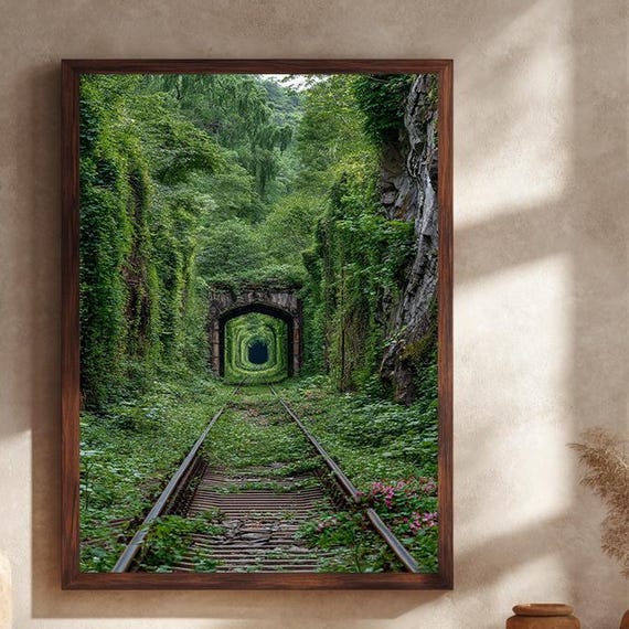 Abandoned Railway Tunnel Canvas Wall Art Lush Green Forest Landscape Photography Nature Inspired Rustic Home Decor Print