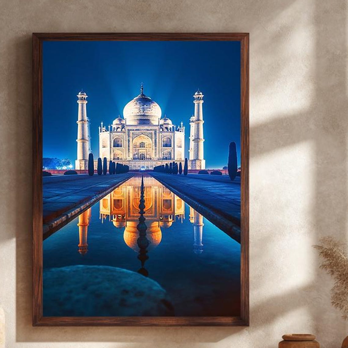 Taj Mahal At Night With Mirror Reflection Elegant India Poster