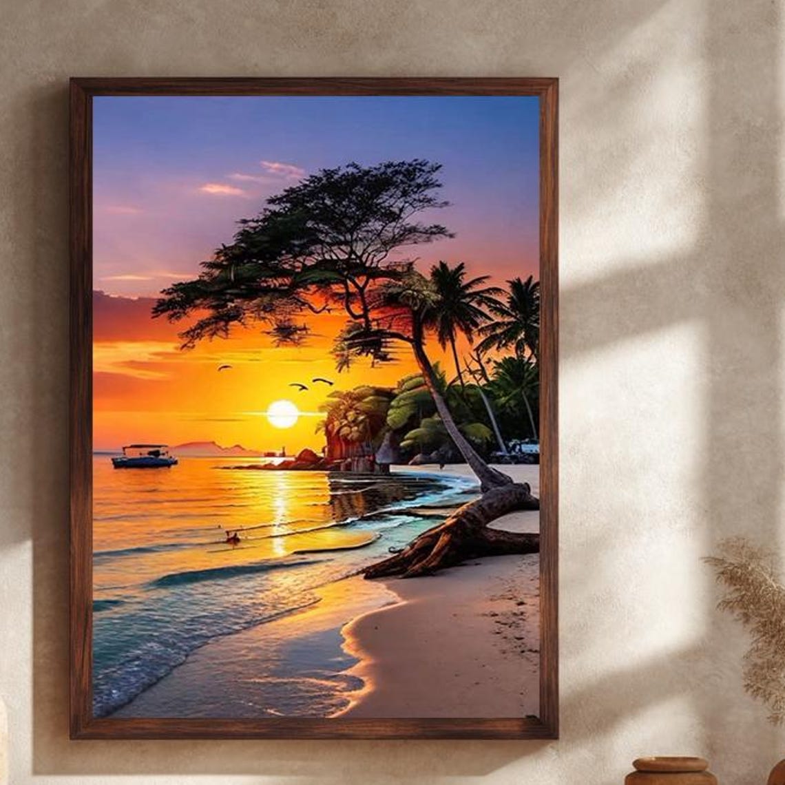 Tropical Beach Sunset Leaning Palm Boat Golden Waves Canvas Poster