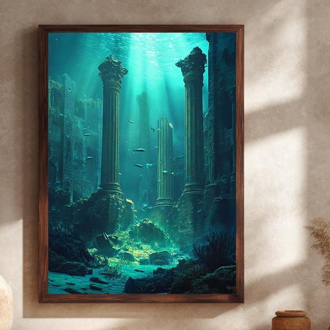 Sunken Atlantis Columns Under Turquoise Ocean Rays Fantasy Poster