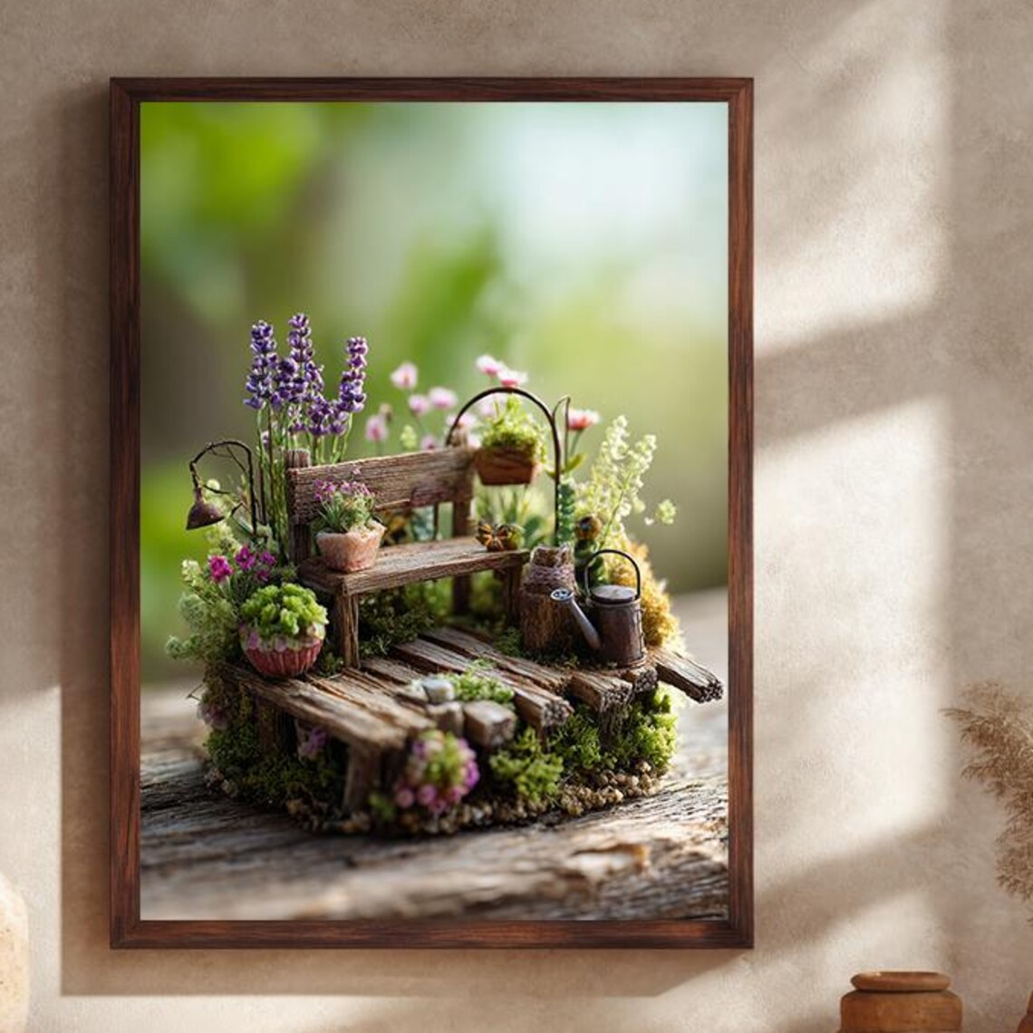 Miniature Fairy Garden Bench Diorama With Flowers Photo Wall Art
