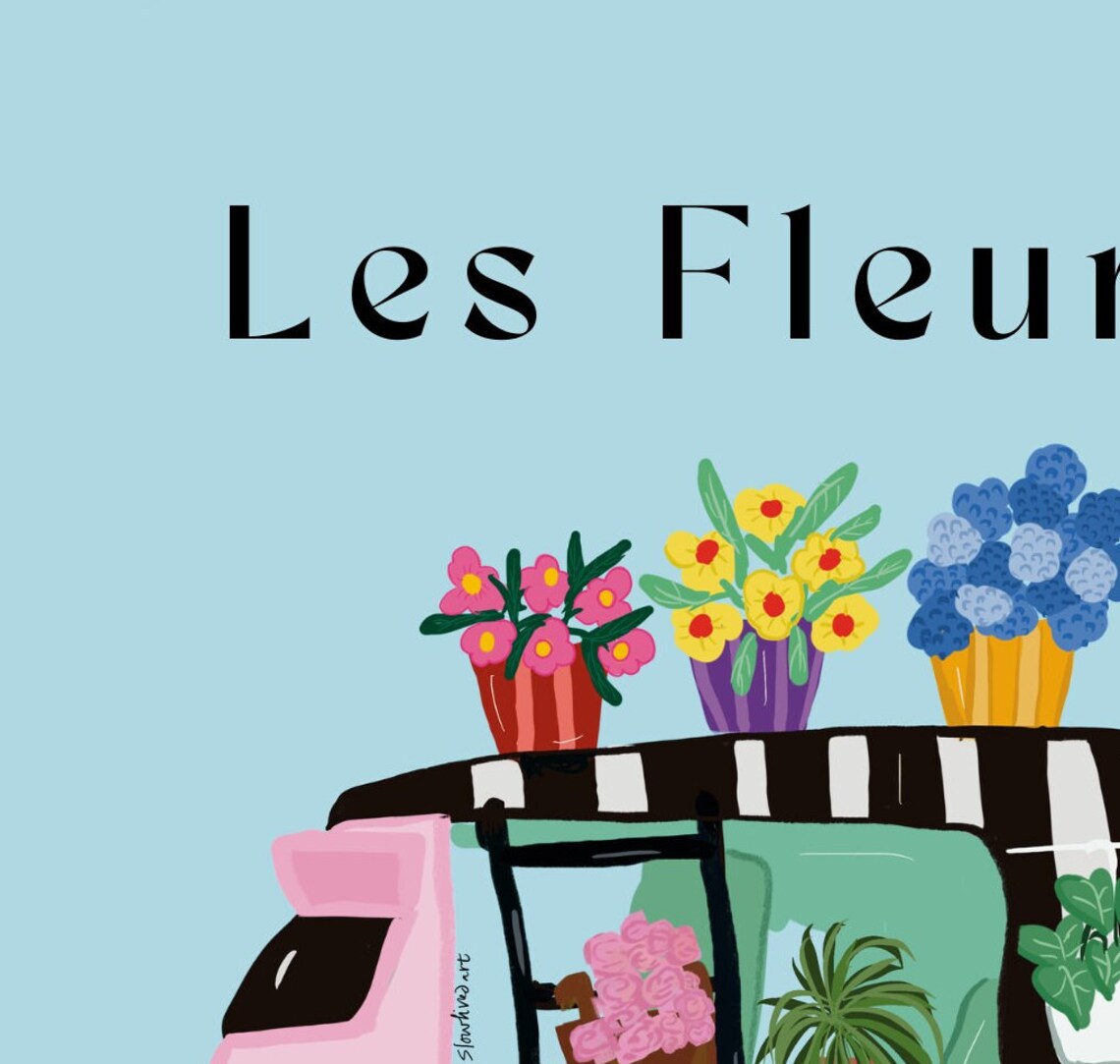 Blue Les Fleurs Flower Market Tulip Print Flower Market Poster Les Fleurs Print Whimsical Floral Prints Funky Art Print Tuk Tuk Print - Image 3