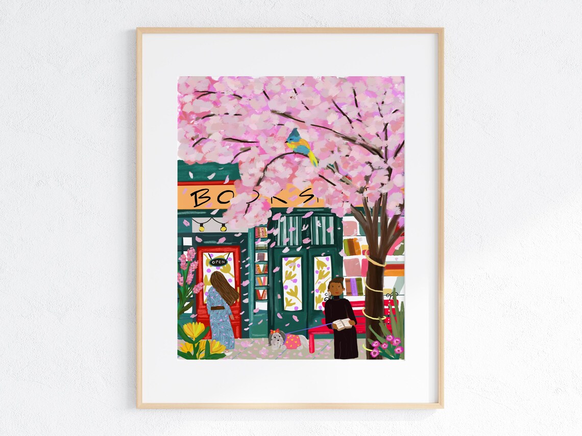 Spring Cherry Blossom Bookshop Girl Reading Dog Cozy Art Print - Image 5