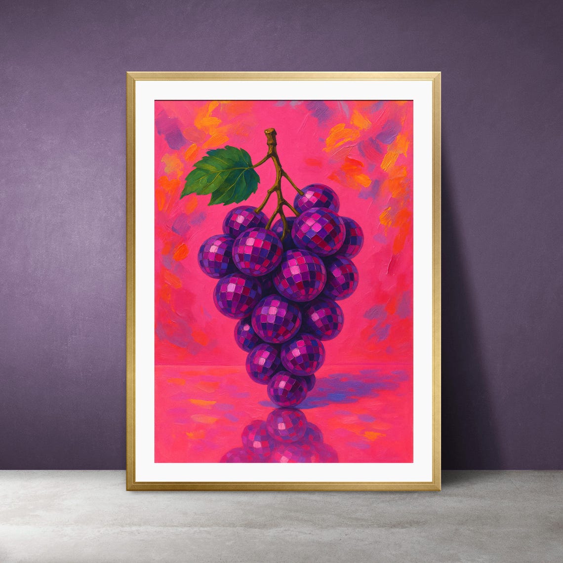Disco Mirrorball Grapes Pink Pop Art Fun Kitchen Fruit Wall Poster