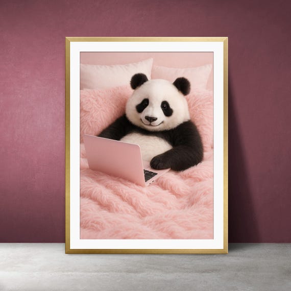 Panda With Pink Laptop Print Kawaii Animal Art