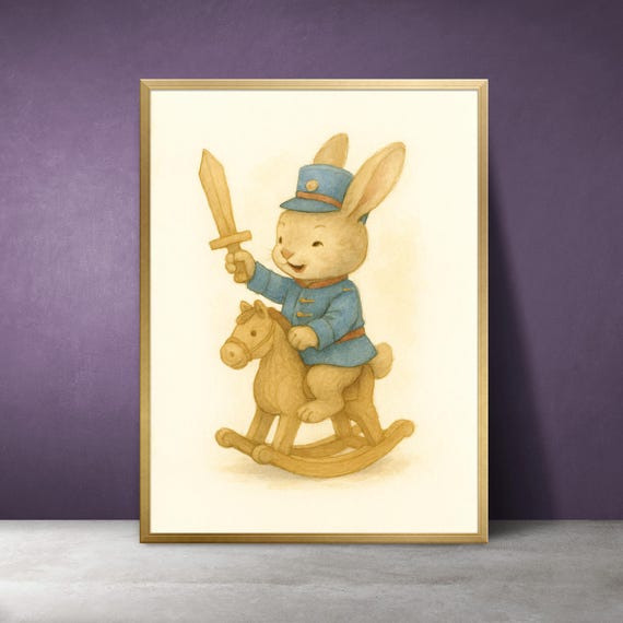 Bunny On Wooden Horse Watercolor Print Vintage Nursery Art