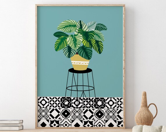 Potted Plant on Stool Teal Background Patterned Tile Botanical Poster