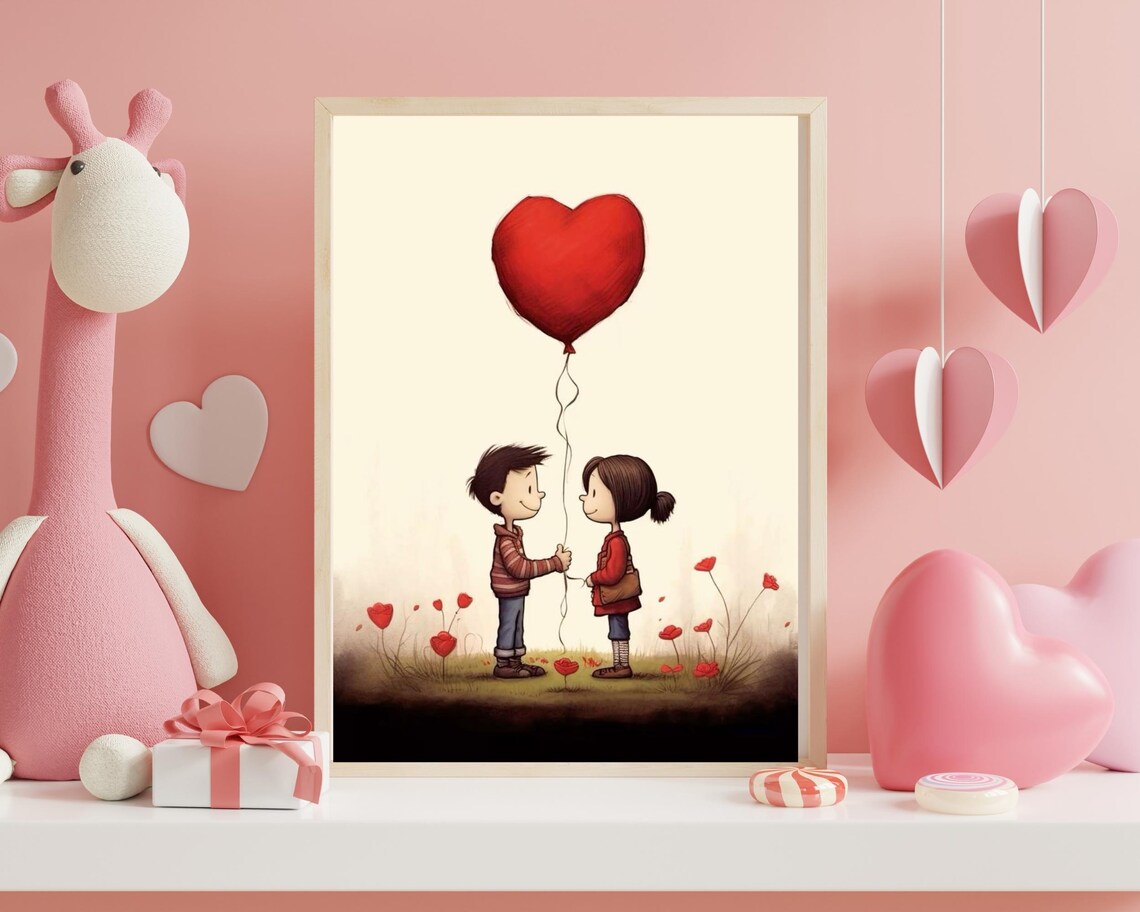 Sweet Boy And Girl Red Heart Balloon Romantic Valentine Art Poster
