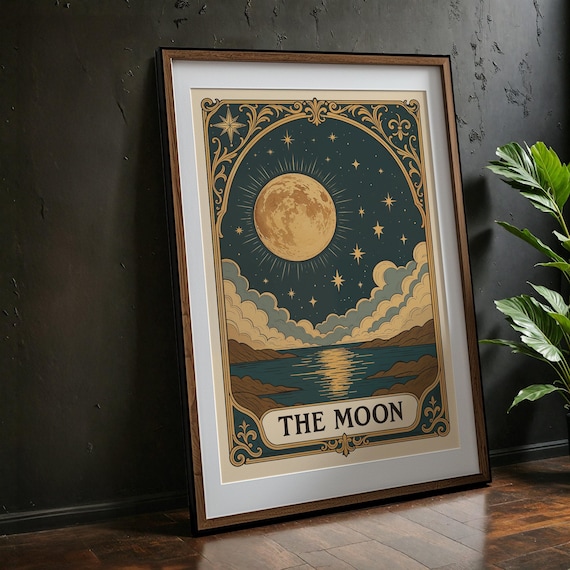 The Moon Tarot Card Poster for Vintage Celestial Night Sky Decor