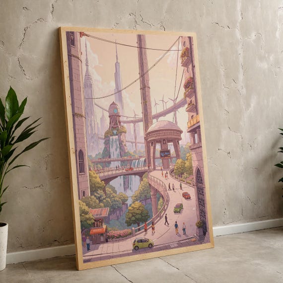 Futuristic Utopia Cityscape Art Print Scifi Dream Illustration