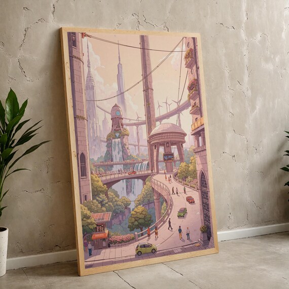 Futuristic Utopia Cityscape Scifi Waterfall Illustration Print