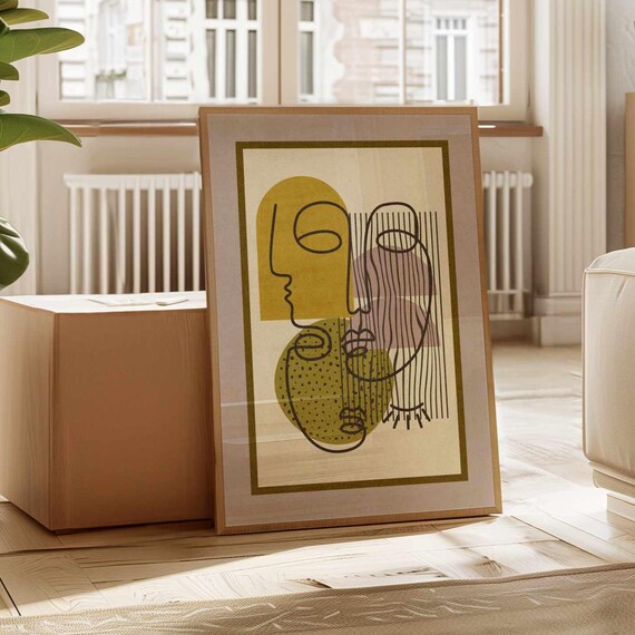 Abstract Geometric Face Poster Mid Century Modern Line Art Wall Decor