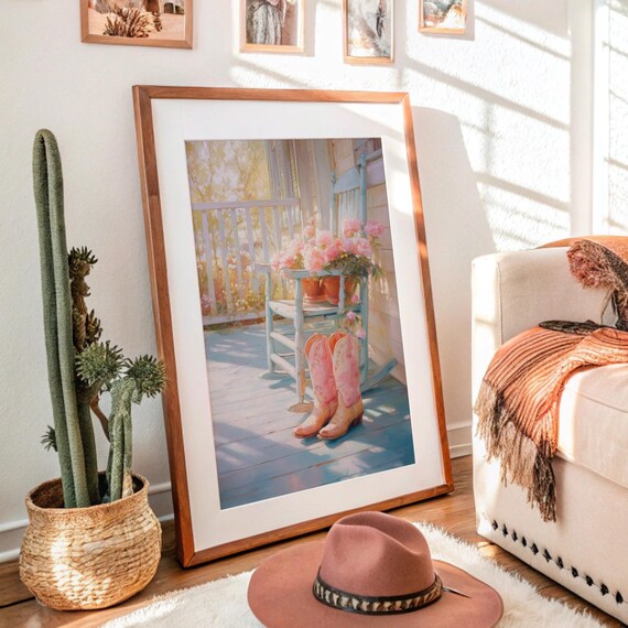 Pink Cowboy Boots on Sunny Porch with Rocking Chair Flowers Poster