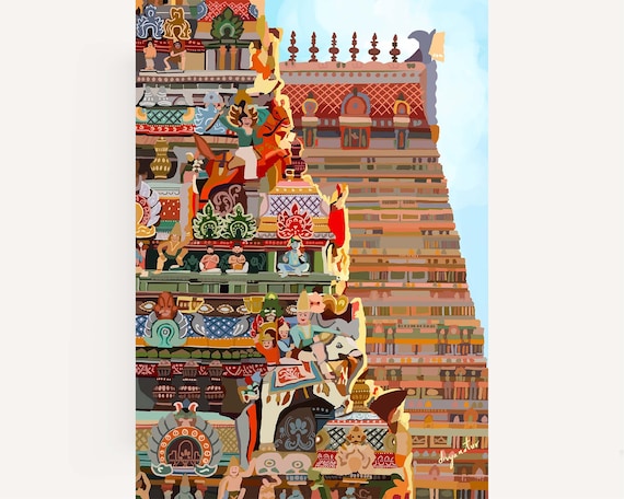 Sacred Srirangam Temple Colorful Gopuram Deities Hindu Art Print