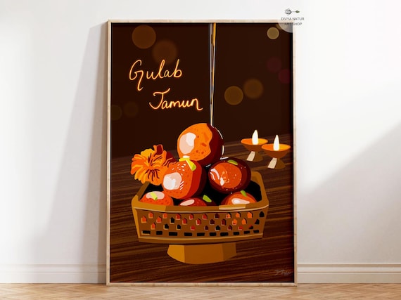 Golden Gulab Jamun Indian Dessert With Diyas Festive Art Poster