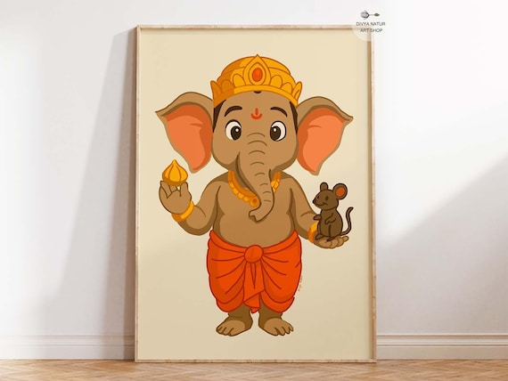 Baby Ganesha With Mouse Holding Modak Cute Hindu God Art Poster