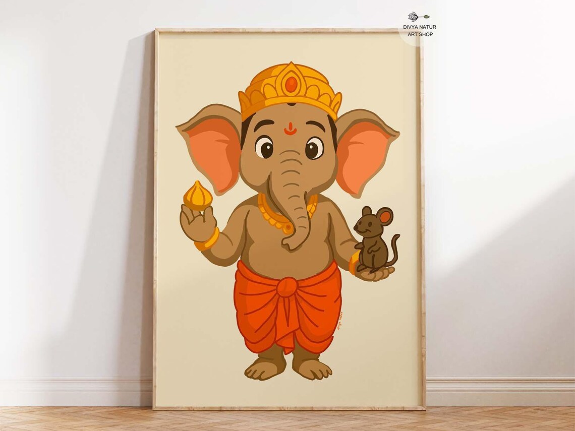 Baby Ganesha With Mouse Holding Modak Cute Hindu God Art Poster